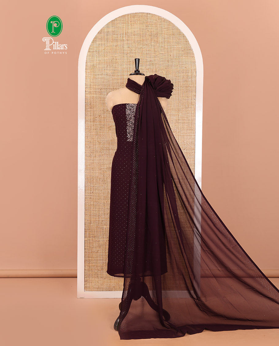 Maroon Material Churidar Set, Spotlighted with Micro-Stone Work on Fox Georgette Top, Comes with a Plain Santoon Bottom, and Is Paired with a Fox Georgette Micro-Stone Work Dupatta