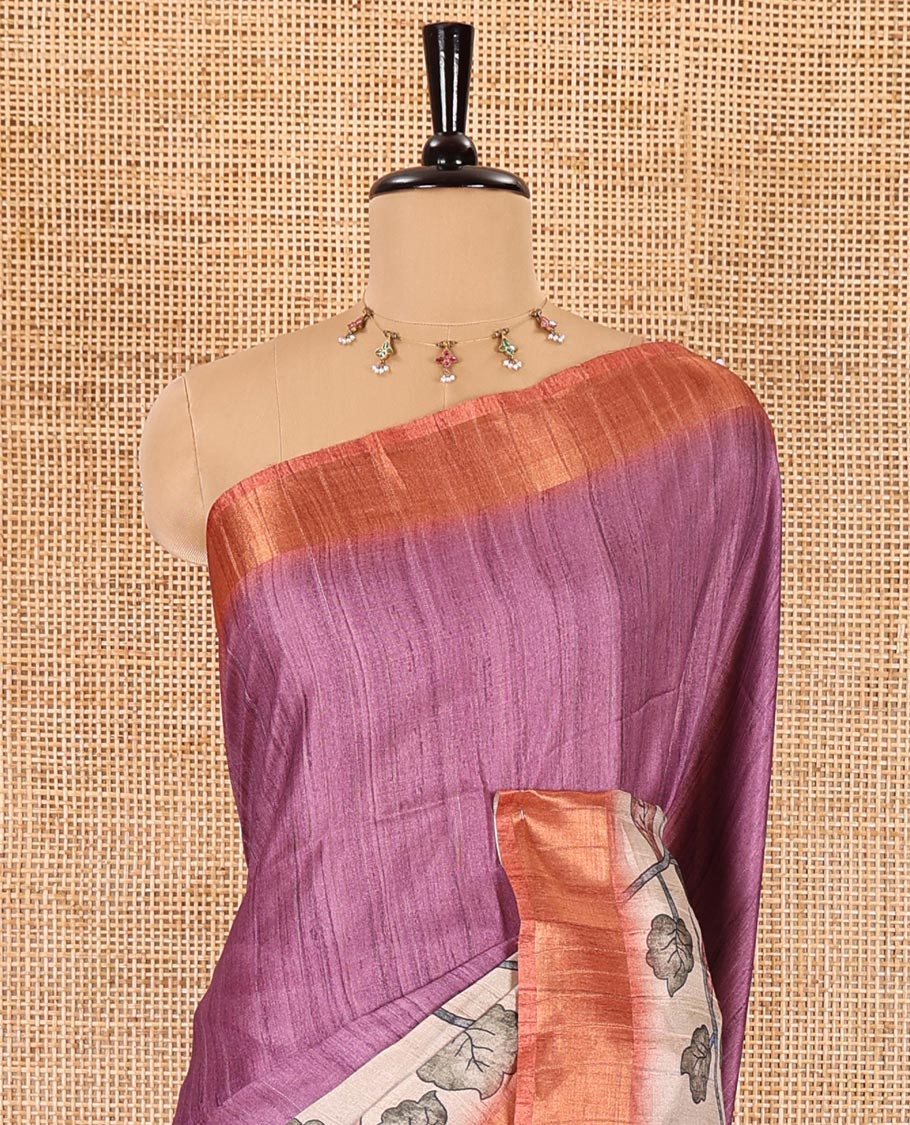 Purple plain fancy tussar saree, contrast floral printed border, floral vine printed pallu, and a contrast plain blouse