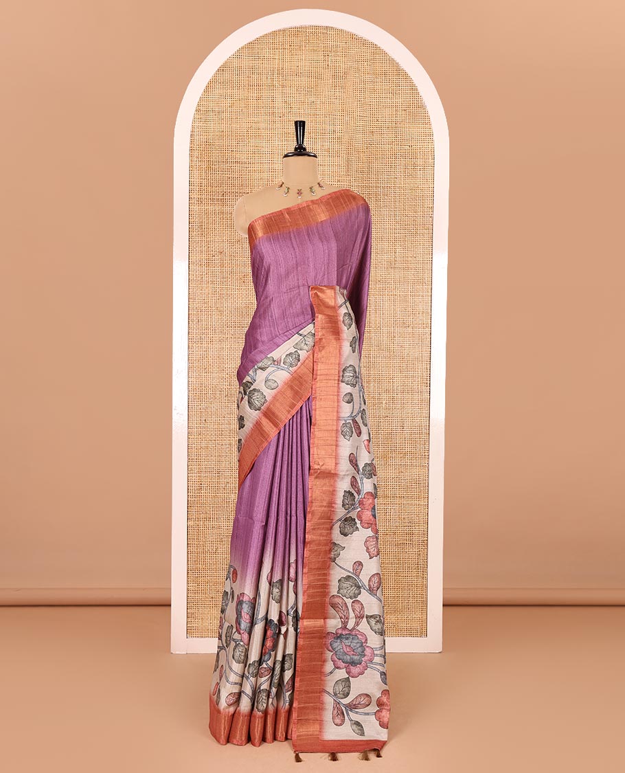 Purple plain fancy tussar saree, contrast floral printed border, floral vine printed pallu, and a contrast plain blouse