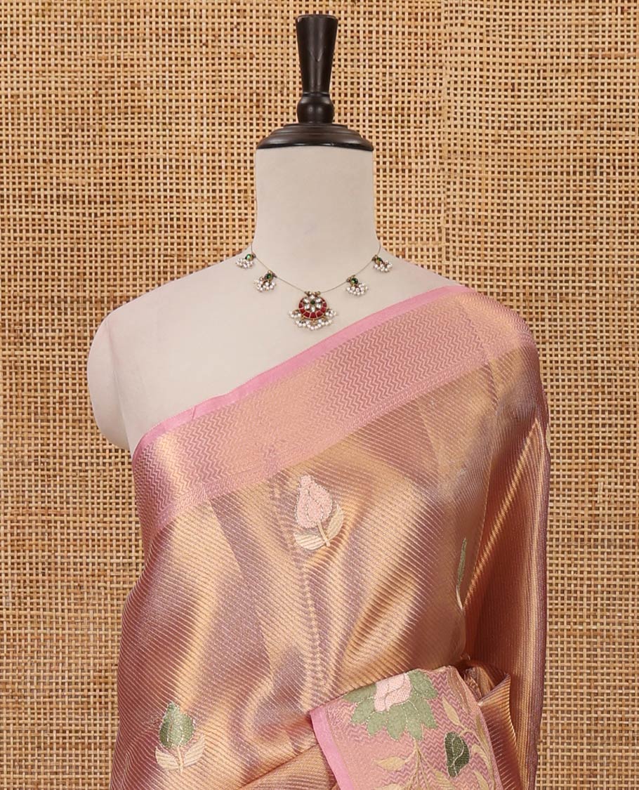 Jyothika pink floral thread embroidery celebrity tissue saree, floral vine multi-color thread embroidered border & embroidery pallu