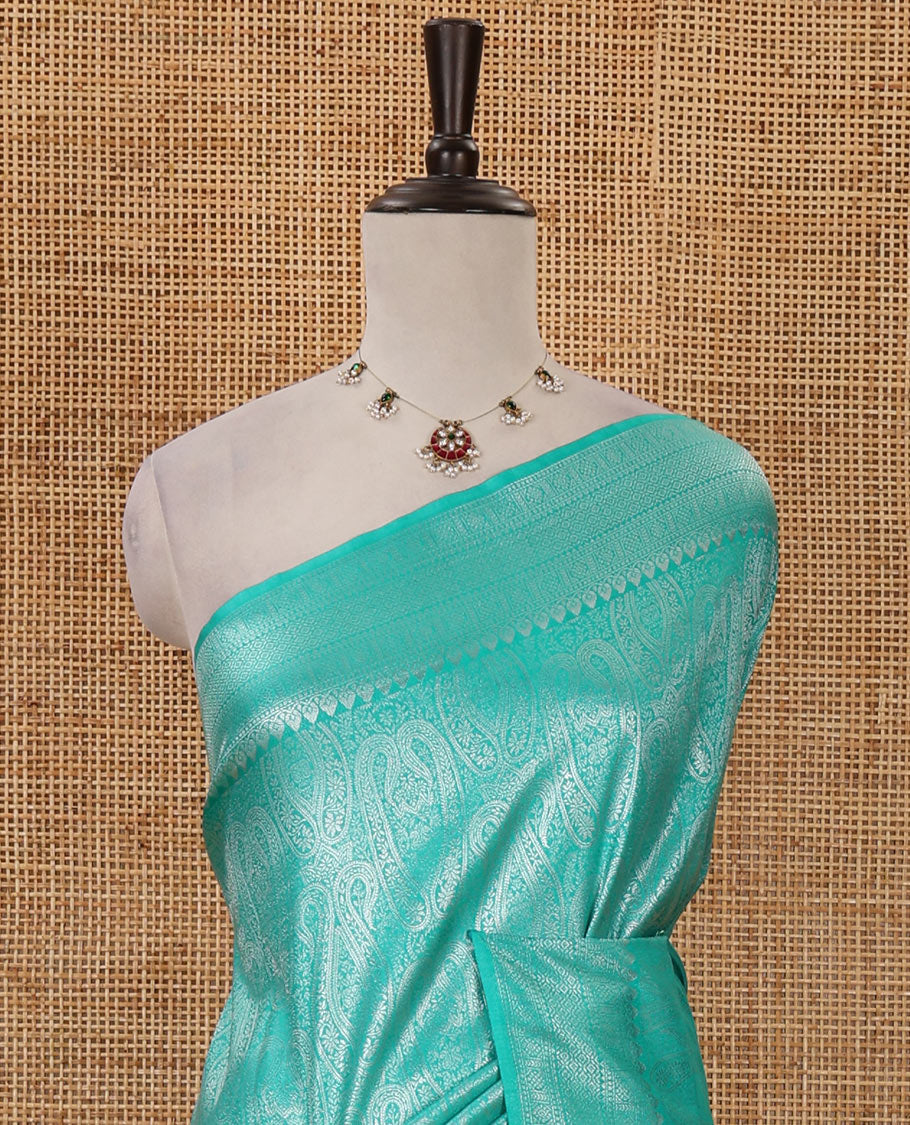Turquoise mango-design jamdani zari body softy saree, self-traditional zari border, rich pallu & matching blouse