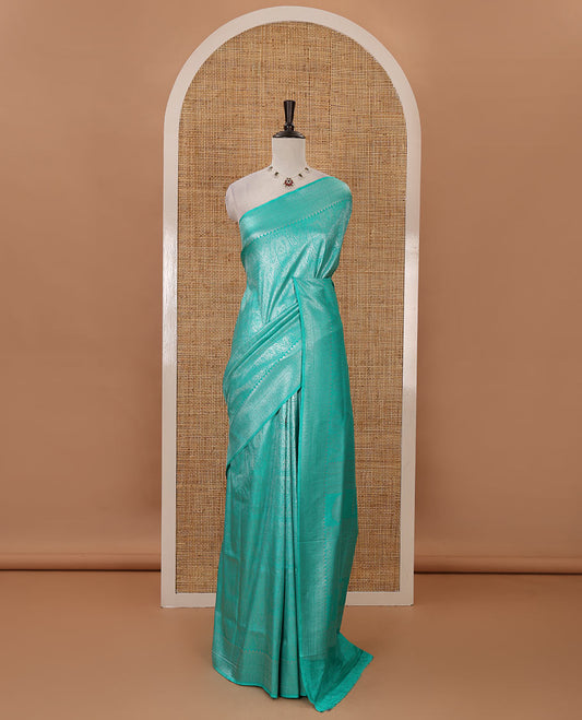 Turquoise mango-design jamdani zari body softy saree, self-traditional zari border, rich pallu & matching blouse