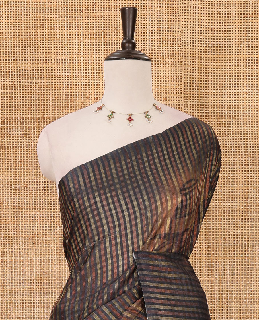 Borderless dark brown checked & clay pot motifs printed fancy tussar saree, contrast women with a pot printed pallu & pot printed blouse