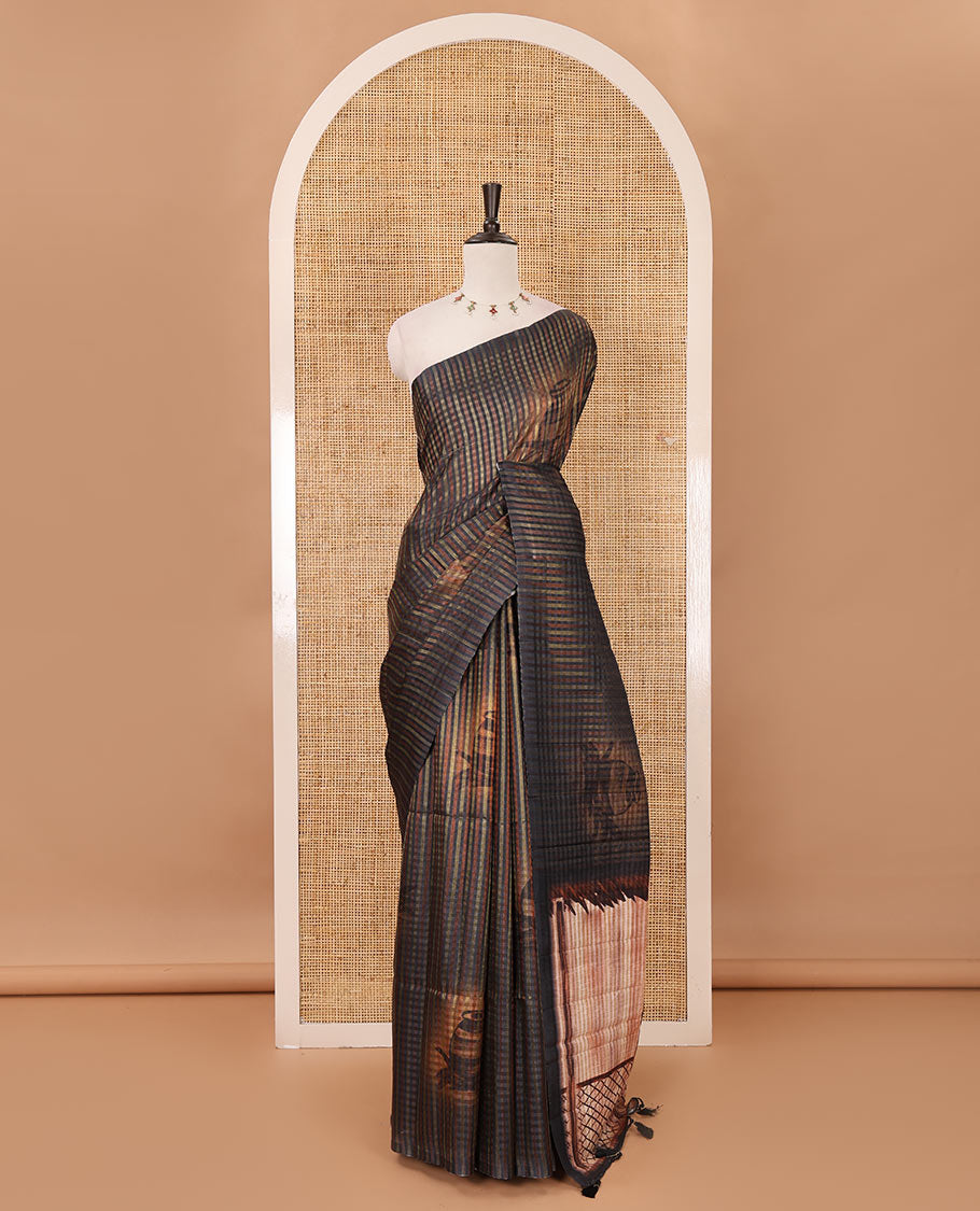 Borderless dark brown checked & clay pot motifs printed fancy tussar saree, contrast women with a pot printed pallu & pot printed blouse