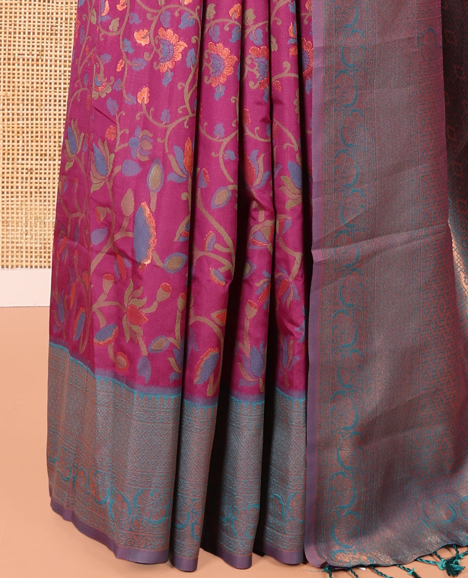 Magenta Litchi Saree, Decked up with Floral Vine in Resham and Zari Thread Designs, Complemented by Contrast Floral Zari Border, Grand Jaal Design Pallu, and Paired with a Contrast Blouse