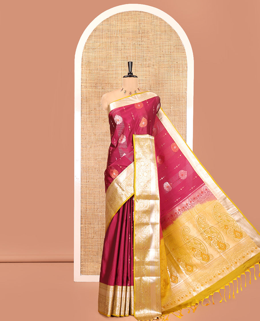 Majenta Semi-Soft Silk Saree, Opulently Embellished with Zari Designs All Over Its Body, Complemented by Contrast Traditional Zari Design Border, Pallu of Big Paisleys, and Paired with a Contrast Blouse