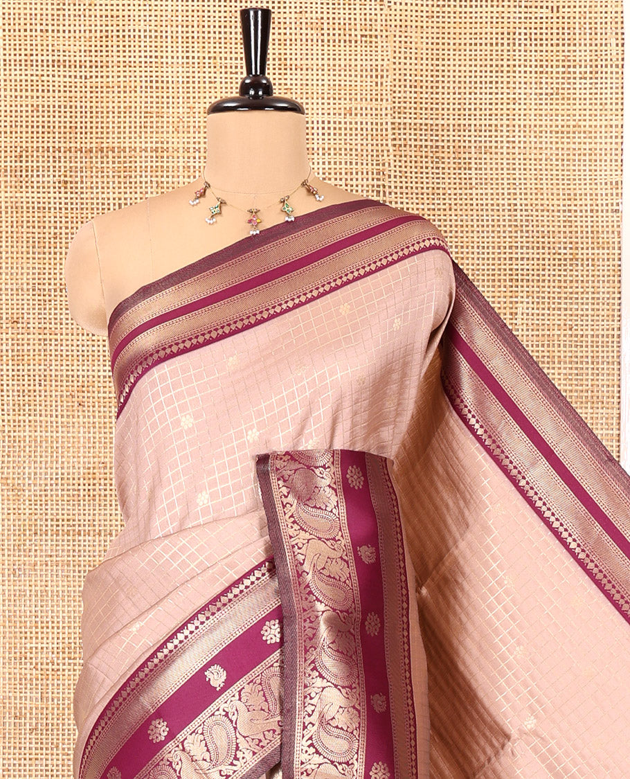 Beige Litchi Saree Features Buttas and Checks, Contrast Traditional Peacock Border, Intricate Pallu, and a Contrast Blouse