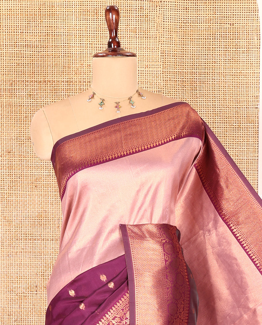Purple Litchi Saree, Elevated with Half-And-Half and Zari Buttas, Contrast Traditional Zari Border, Grand Pallu, and a Contrast Blouse