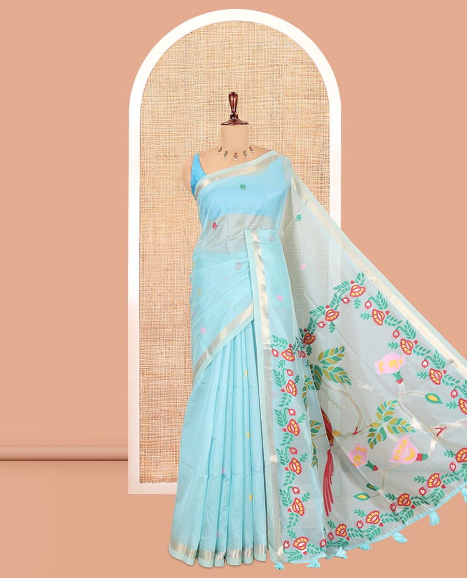 Sky Blue Meena Buttas Fancy Organza Silk Saree, a Zari Border, Paithani Floral-Macaw Pallu, Matching Blouse