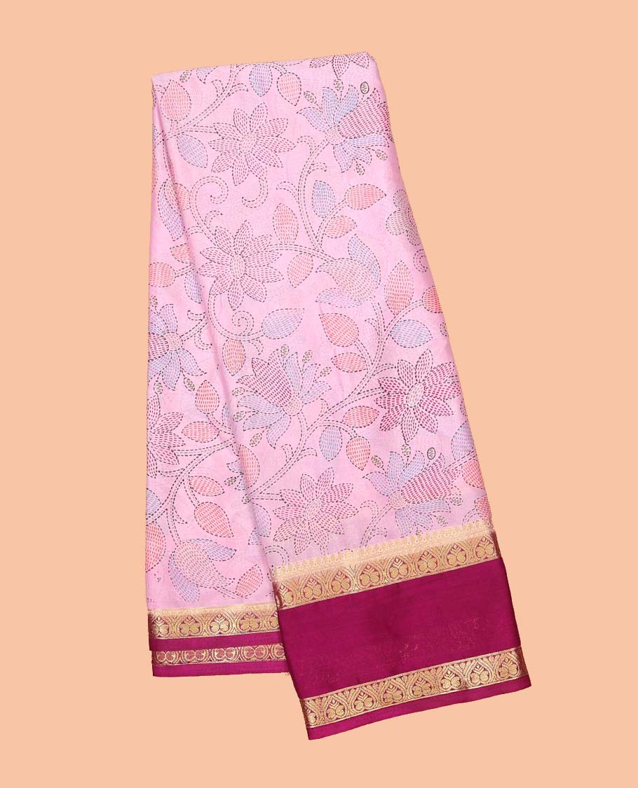 Pink madhubani-style floral vine semi-banaras printed saree, contrast traditional design border & striped pallu