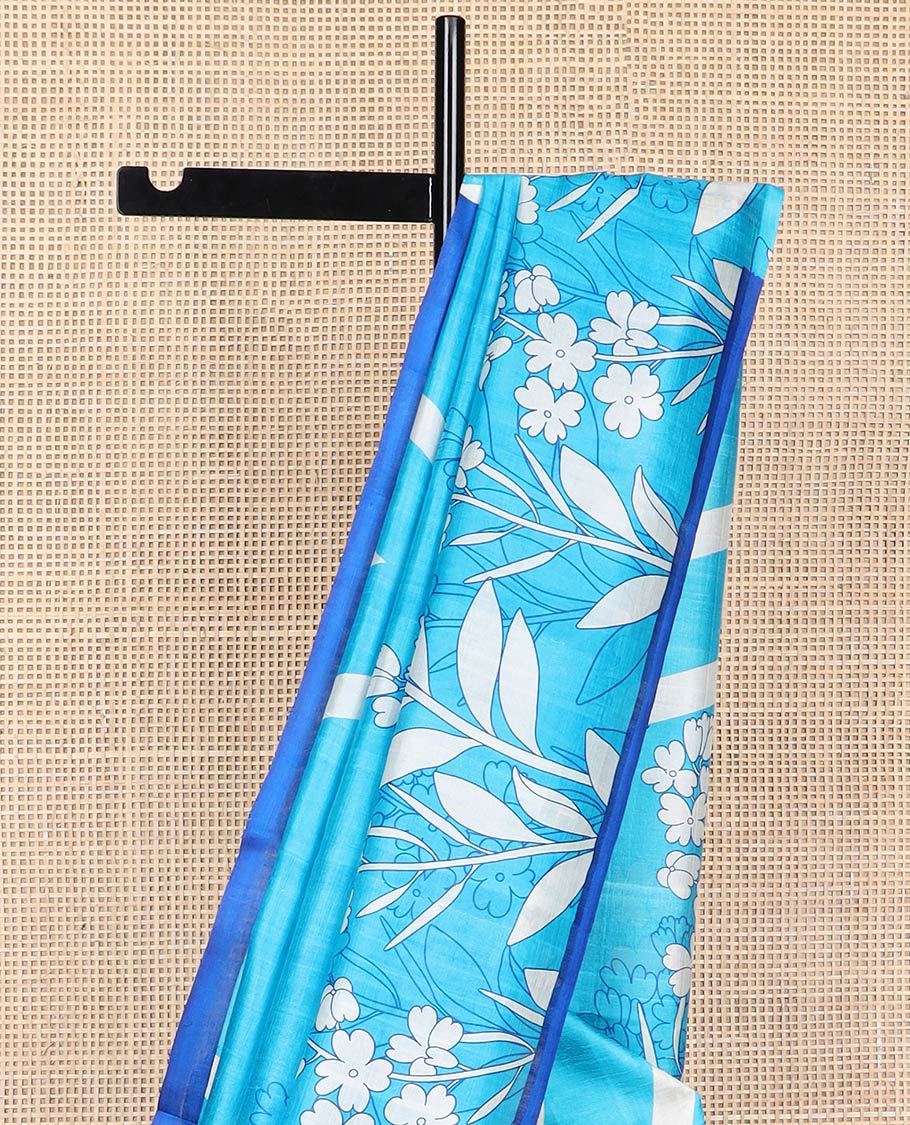 Sky blue floral, geometric design printed silk saree with contrast border