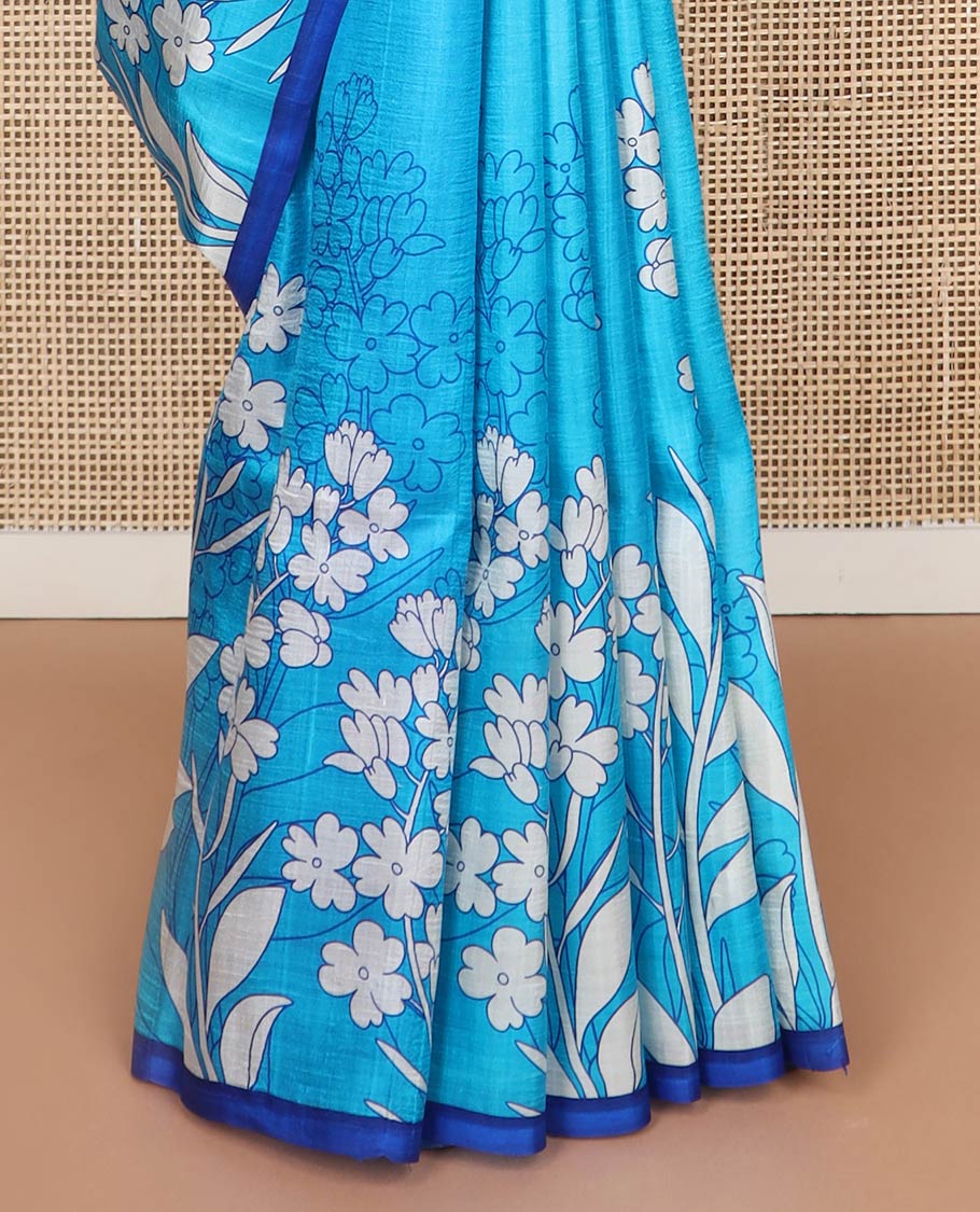 Sky blue floral, geometric design printed silk saree with contrast border