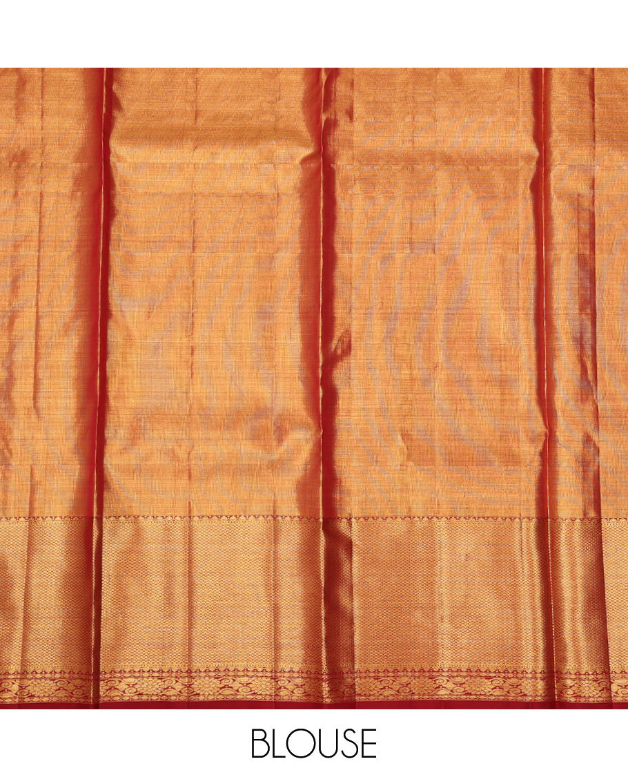 Gold pure-silk half saree, floral jacquard skirt, contrast zari border & blouse of jaal designs & zari-rich jaal dhavani