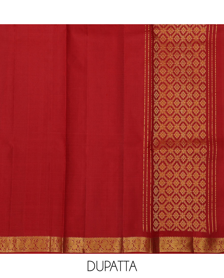 Gold pure-silk half saree, floral jacquard skirt, contrast zari border & blouse of jaal designs & zari-rich jaal dhavani