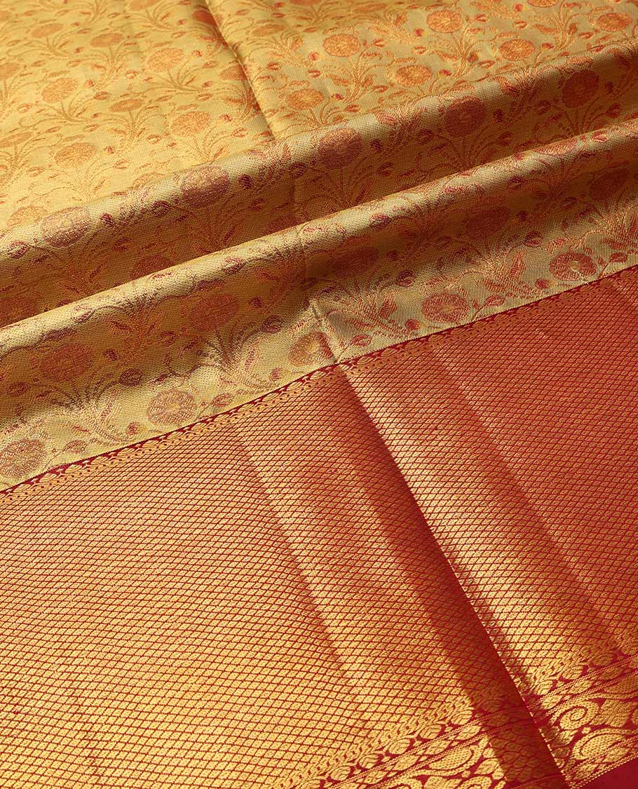 Gold pure-silk half saree, floral jacquard skirt, contrast zari border & blouse of jaal designs & zari-rich jaal dhavani