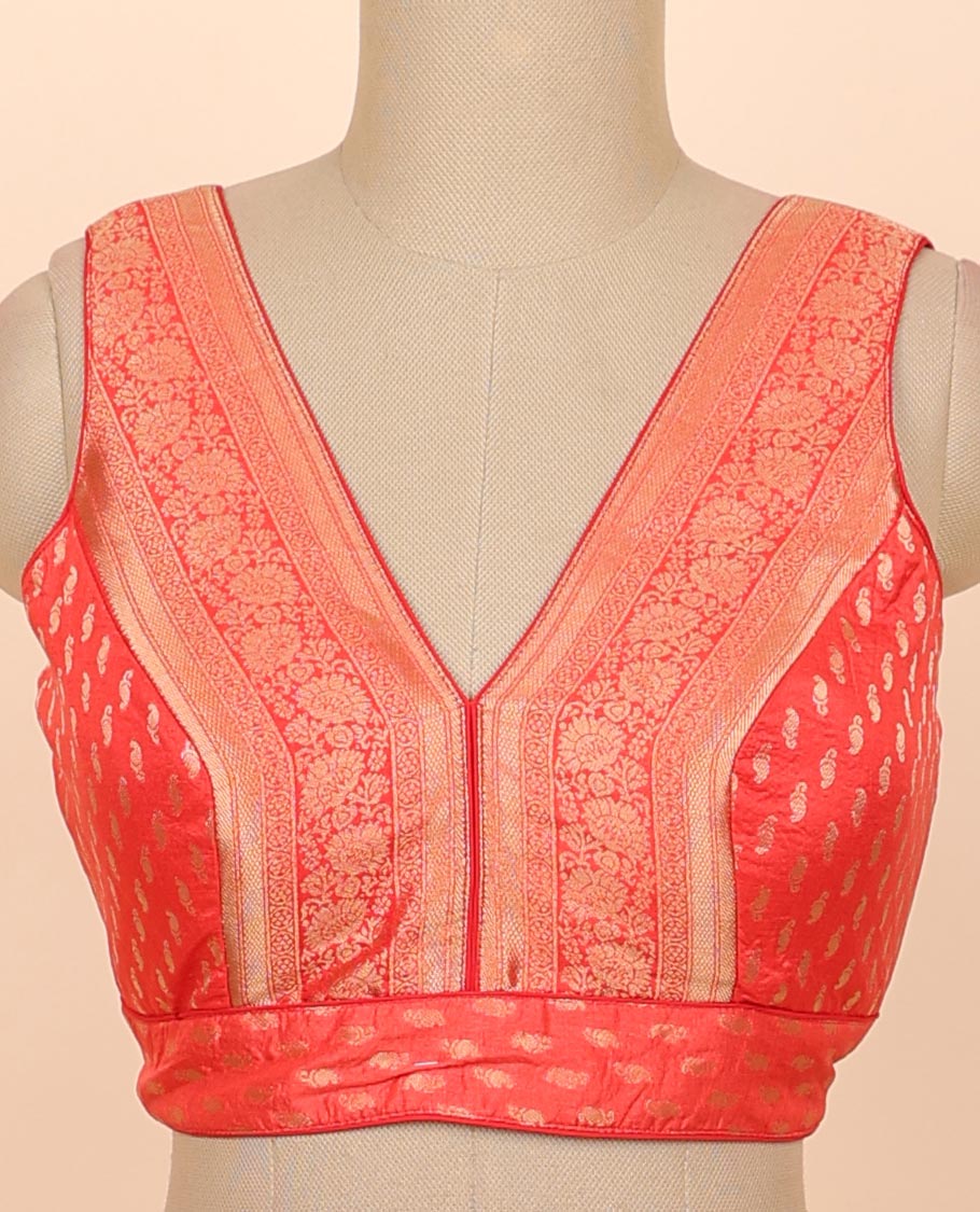 Red intricate floral zari design front & back deep v-neck raw-silk readymade sleeveless blouse