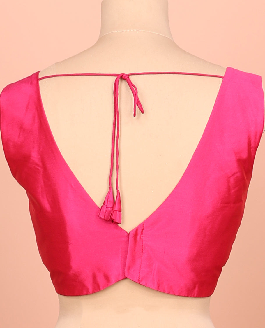 Pink Plain Readymade Blouse Featuring a Front V-Neck, Back Deep V-Neck, and Sleeveless