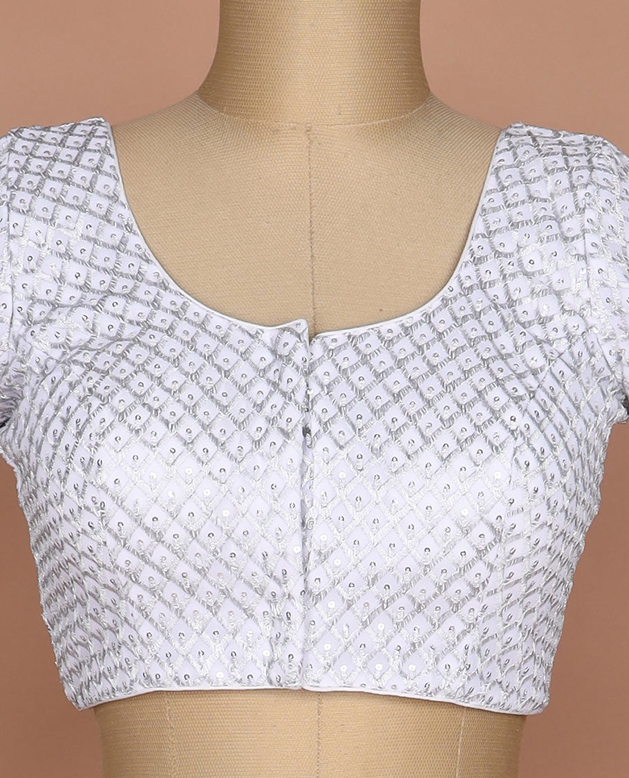 White thread and sequins argyle design embroidered round neck elbow sleeve raw silk readymade blouse