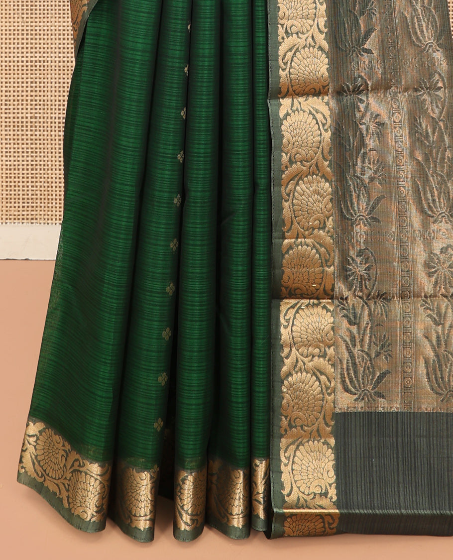 Green Silk Cotton Saree, Woven with Zari Buttas, a Contrast Floral Creeper Border, Grand Pallu, and a Contrast Blouse