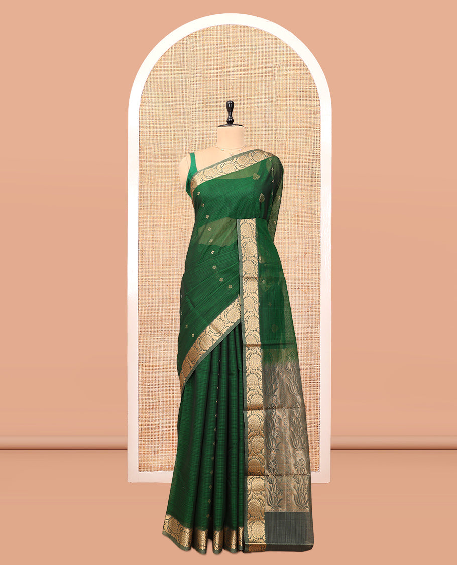 Green Silk Cotton Saree, Woven with Zari Buttas, a Contrast Floral Creeper Border, Grand Pallu, and a Contrast Blouse