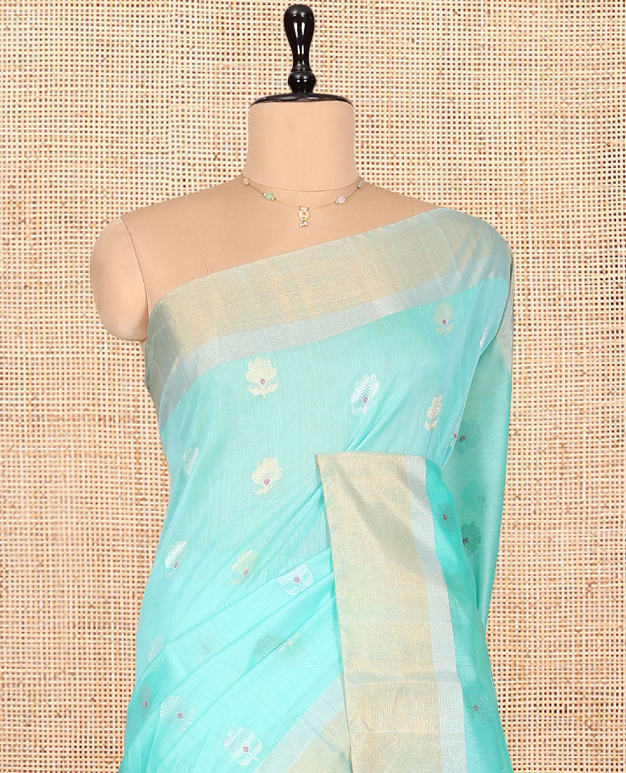 Blue Silk Cotton Saree, Artfully Detailed with Floral Meena Buttas, a Gleaming Bavanji Border, Pallu of Micro-Checks, and a Contrast Blouse