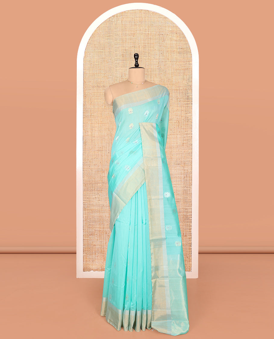 Blue Silk Cotton Saree, Artfully Detailed with Floral Meena Buttas, a Gleaming Bavanji Border, Pallu of Micro-Checks, and a Contrast Blouse