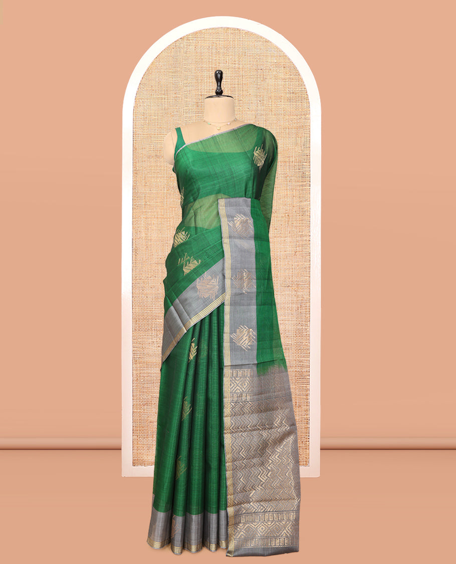 Green Cotton Saree, Enhanced with a Zari Buttas, Complemented by One-Side Zari Motif Border, a Contrast Chevron Pallu, and a Contrast Blouse