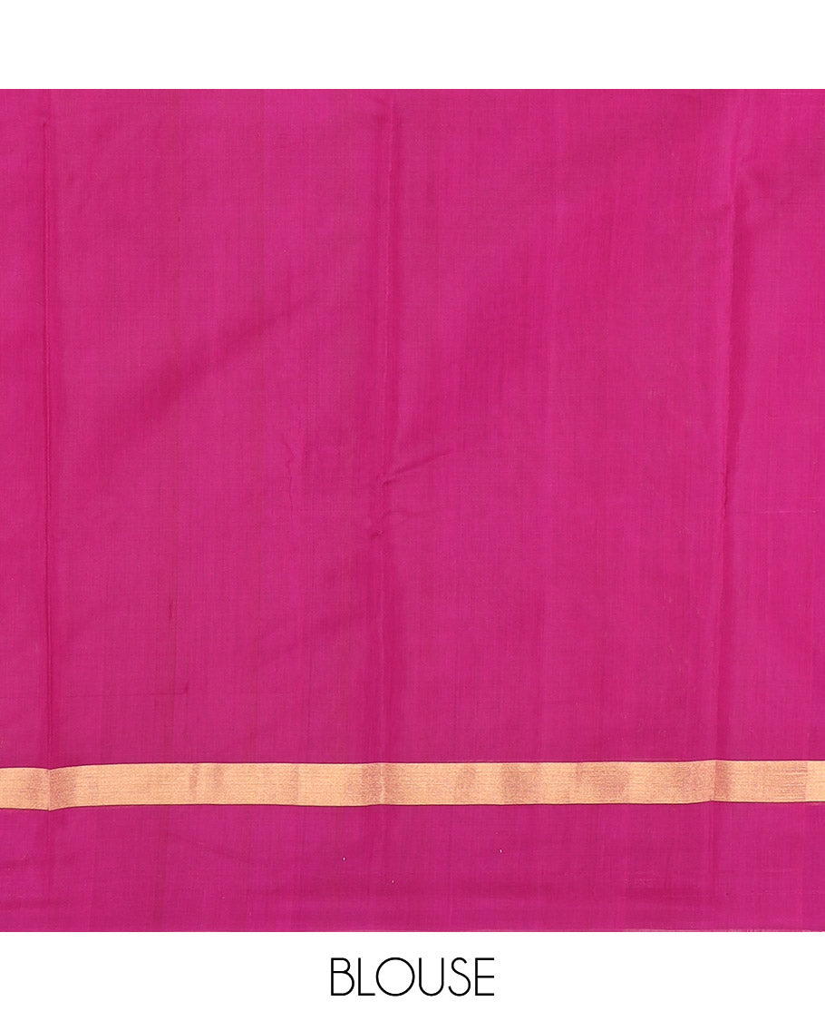 Orange Silk Cotton Saree Graced with Floral Buttas All Over the Body, Complemented by a Contrast Floral Zari Motifs Woven Border, Featuring a Contrast Pallu of Floral- Geometric Zari Designs, and Paired with a Contrast Blouse