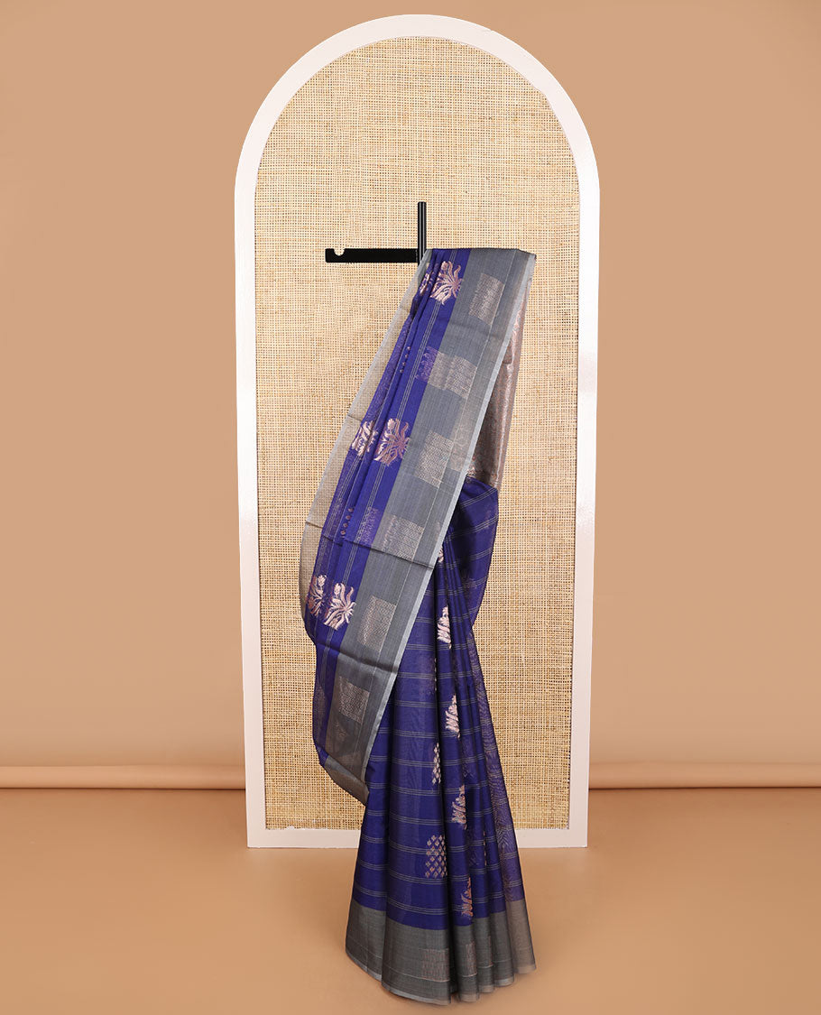 Blue striped, floral design silk cotton saree with contrast geometric design border & floral jaal design pallu