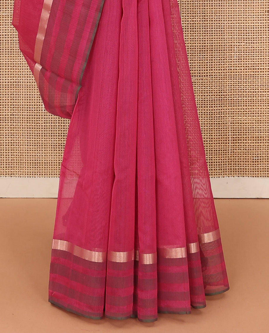 Red plain silk cotton saree, zari striped border, and plain pallu