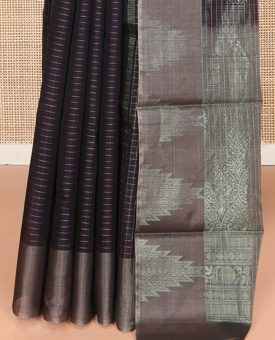 Black Silk Cotton Saree, Bedecked with Stripes and Checks, Complemented by a Contrast Temple Border, Intricately Designed Pallu, and a Contrast Blouse