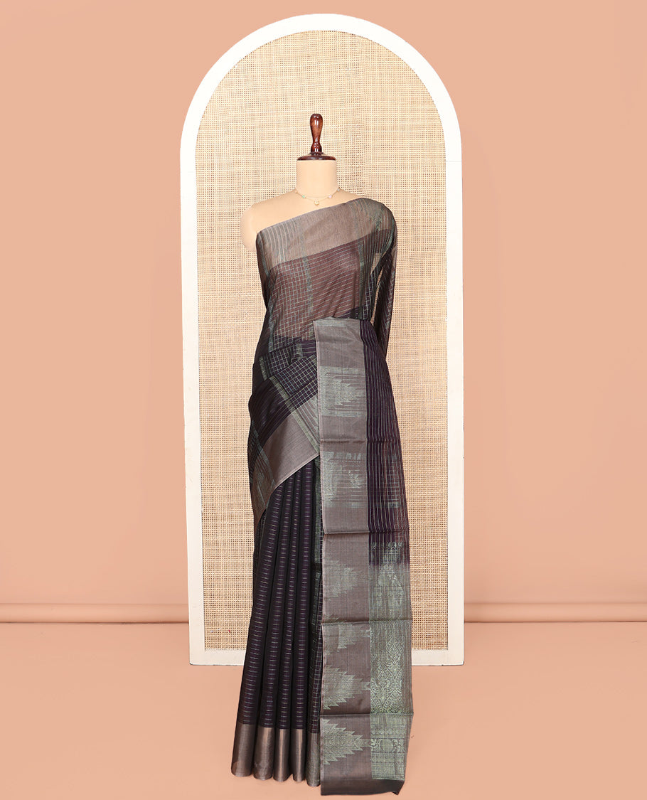 Black Silk Cotton Saree, Bedecked with Stripes and Checks, Complemented by a Contrast Temple Border, Intricately Designed Pallu, and a Contrast Blouse