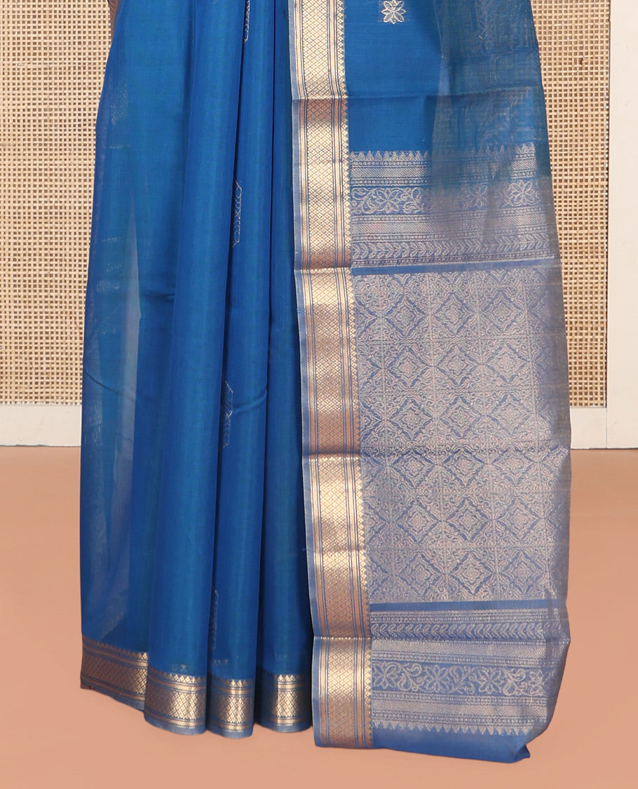 Blue Silk Cotton Saree, Accentuated with Geometric Buttas All Over Its Body, Highlighted by Traditional Zari Designs Woven Border, Intricately Designed Pallu and Paired with a Matching Blouse