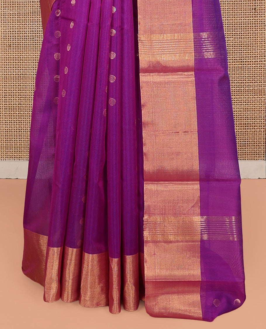 Purple Silk Cotton Saree, Delicately Woven with Zari Buttas, a Zari Border, Zari Striped Pallu, and a Matching Blouse