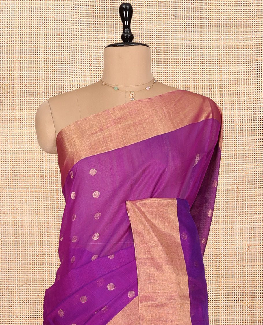 Purple Silk Cotton Saree, Delicately Woven with Zari Buttas, a Zari Border, Zari Striped Pallu, and a Matching Blouse