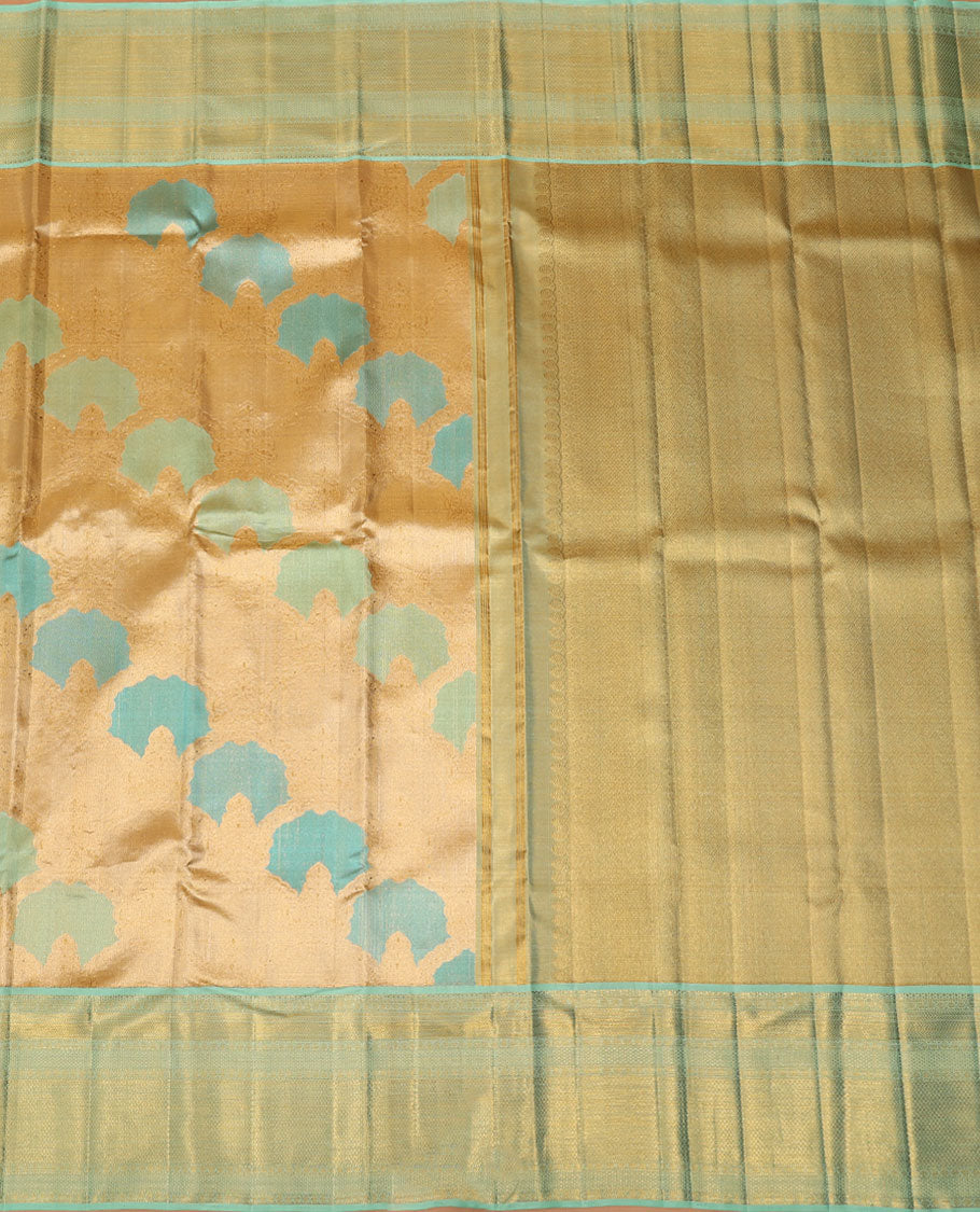 Gold meenakari jacquard silk saree, contrast border of vanki,mayil kann, ara maadam,muthu & rudraksham designs & intricate pallu