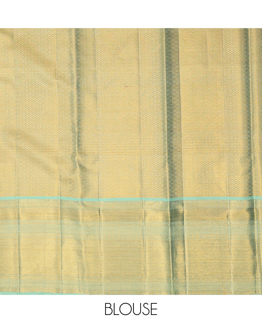 Gold meenakari jacquard silk saree, contrast border of vanki,mayil kann, ara maadam,muthu & rudraksham designs & intricate pallu