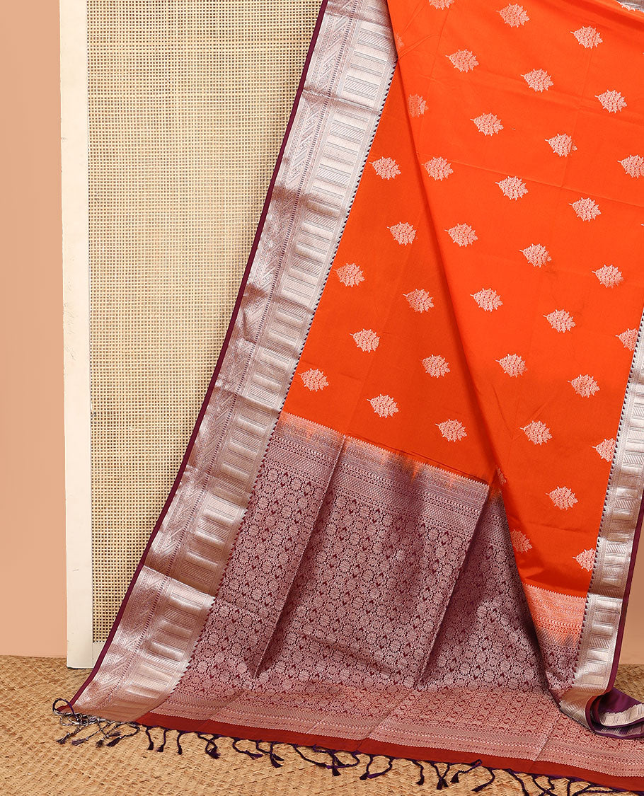 Orange zari buttas soft silk saree, contrast traditional zari design border, and pallu of intricate designs