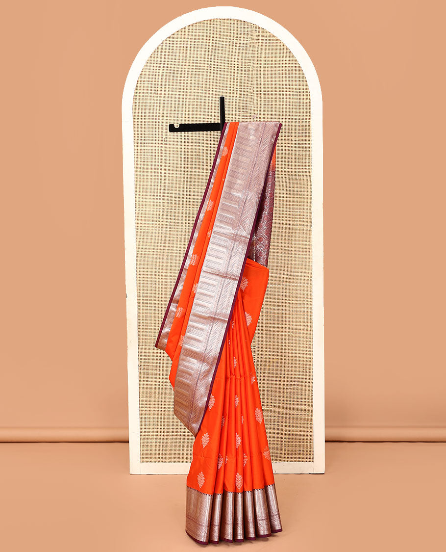 Orange zari buttas soft silk saree, contrast traditional zari design border, and pallu of intricate designs
