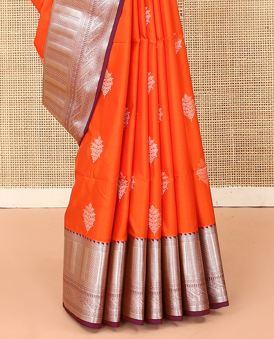 Orange zari buttas soft silk saree, contrast traditional zari design border, and pallu of intricate designs