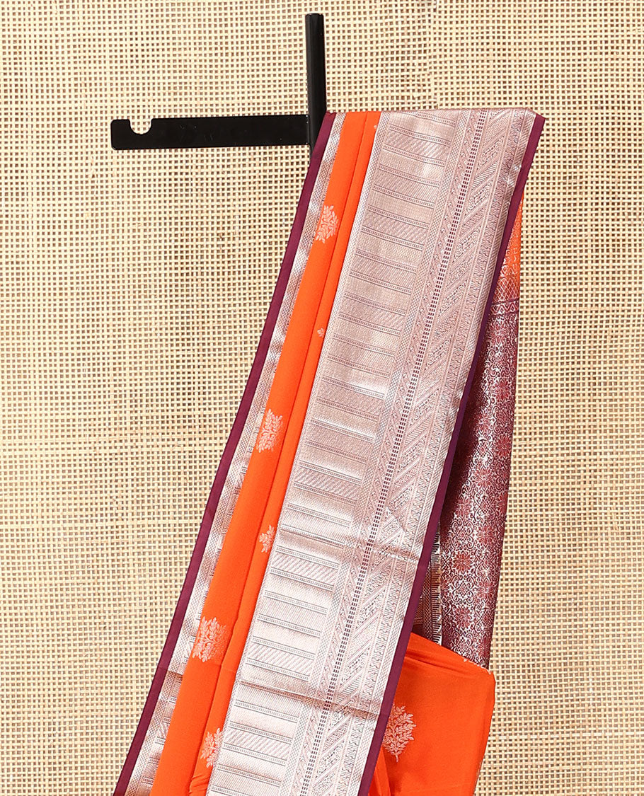 Orange zari buttas soft silk saree, contrast traditional zari design border, and pallu of intricate designs