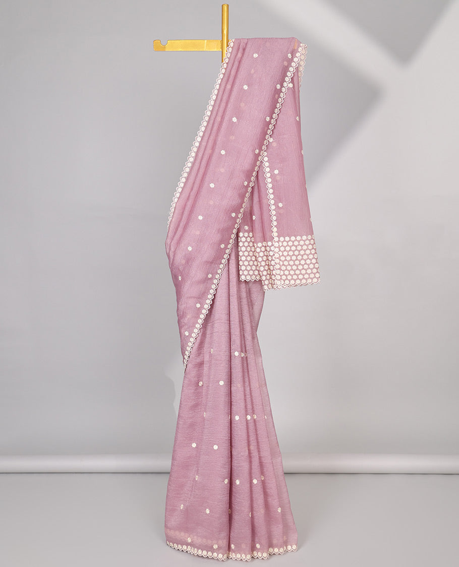 Pink Crushed Tissue saree with scallop motif border and intricate motif embroidery pallu