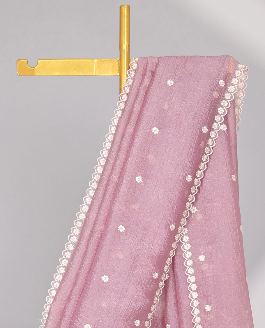 Pink Crushed Tissue saree with scallop motif border and intricate motif embroidery pallu