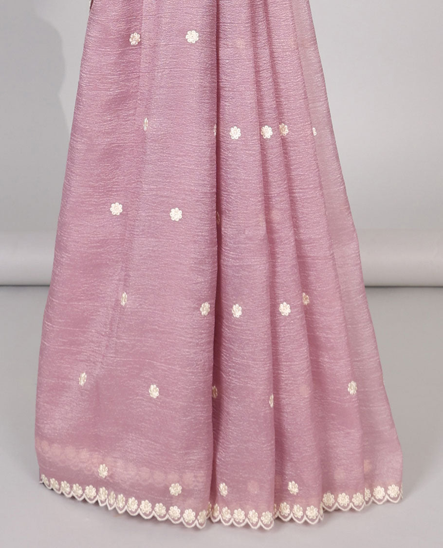 Pink Crushed Tissue saree with scallop motif border and intricate motif embroidery pallu