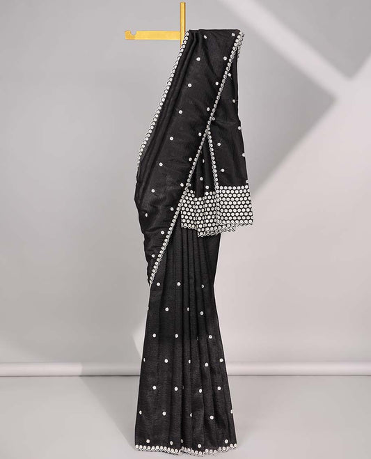 Black crushed tissue saree with all-over floral motifs embroidered & floral scallop border