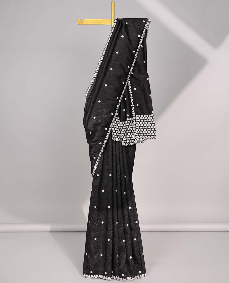 Red crushed tissue saree with all-over floral motifs embroidered & floral scallop border