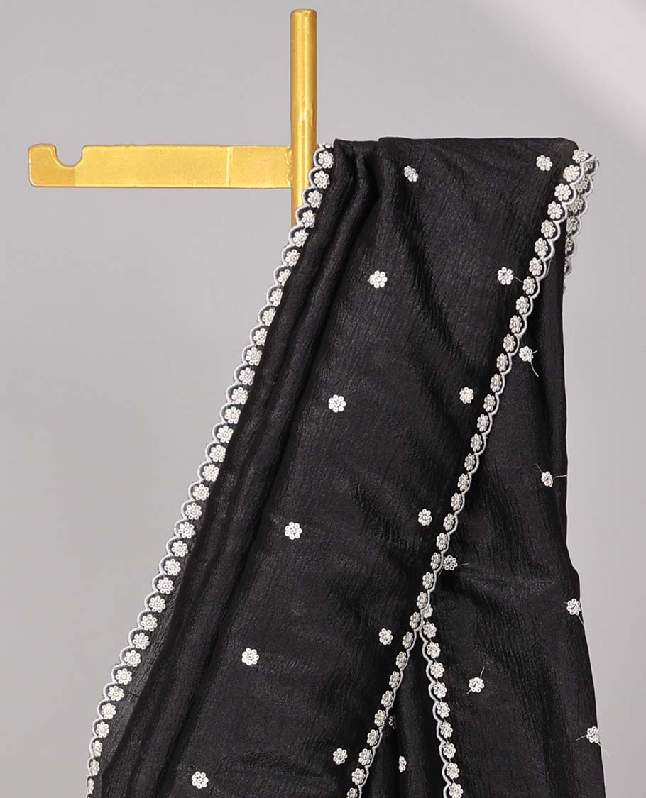 Red crushed tissue saree with all-over floral motifs embroidered & floral scallop border