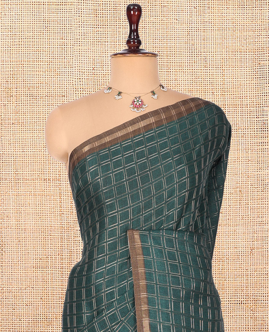 Bottle Green Fancy Tussar Silk Saree, Accentuated with Checked Design, Contrast Zari Piping Border, Kalamkari Pallu, and Contrast Kalamkari Printed Blouse