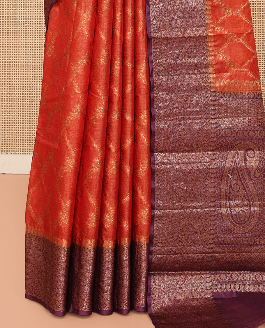Orange Tussar Silk Saree Features Jacquard Design, Complemented by a Contrast Zari Border, Intricately Designed Pallu, and a Contrast Blouse