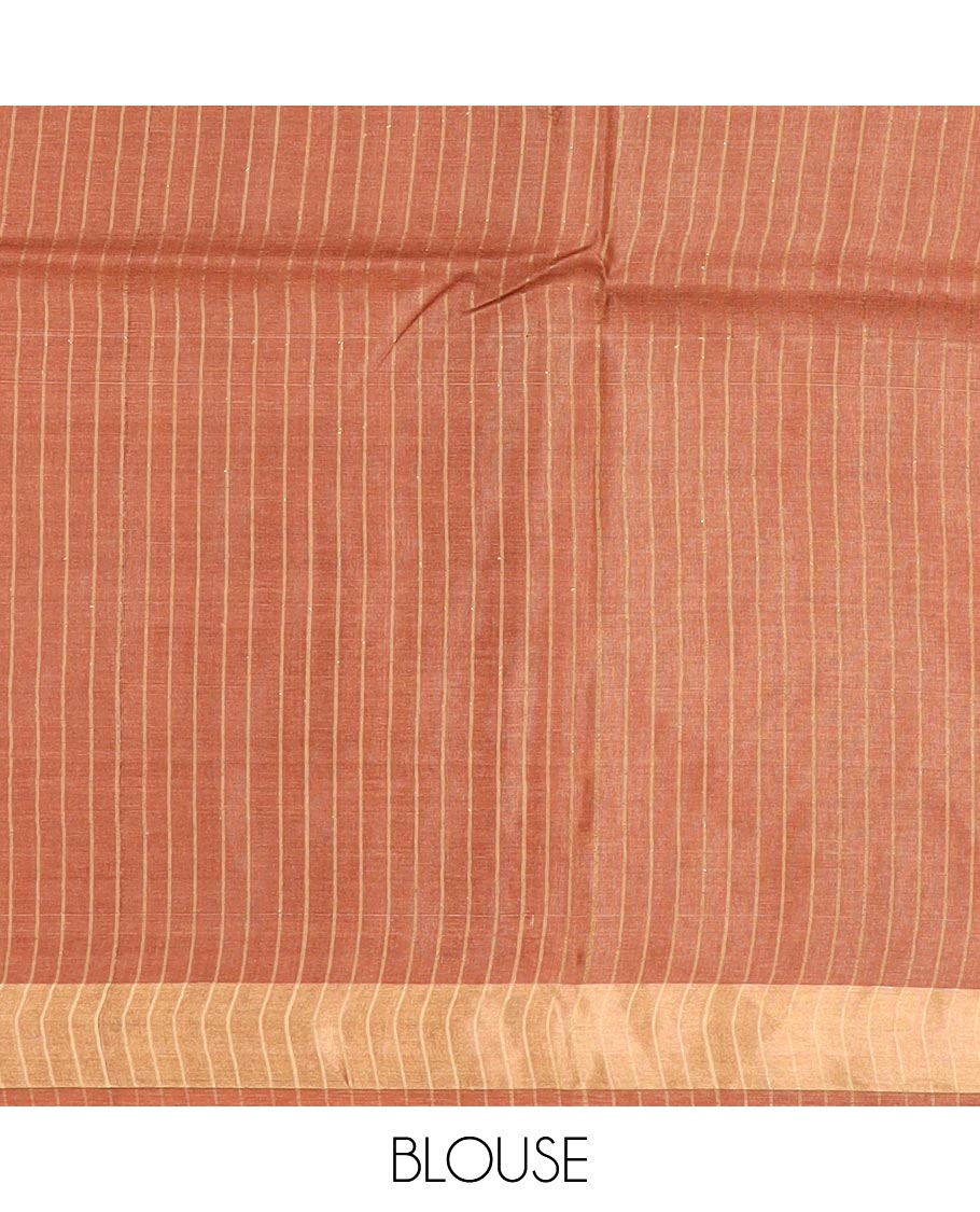Brown horizontal striped tussar silk saree, zari border and horizontal striped pallu